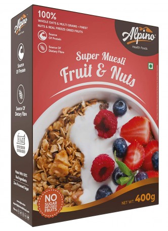  Alpino Super Muesli Fruit & Nuts 400 G | Whole Oats & Whole Grain | Finest Nuts & Raisins | Real Freeze Dried Fruits | No Sugar Infused Fruits